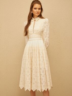 Romantic Cream Eyelet Midi Dress with Ruffled Collar
